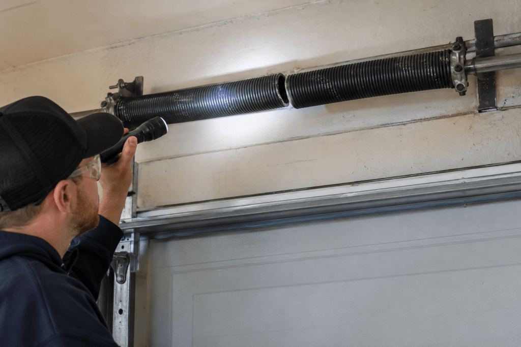 Flashlight inspection of a broken garage door torsion spring
