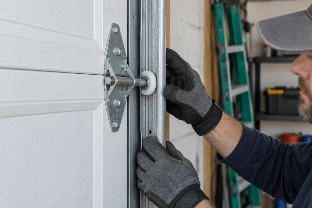 Technician checking a garage door roller and track