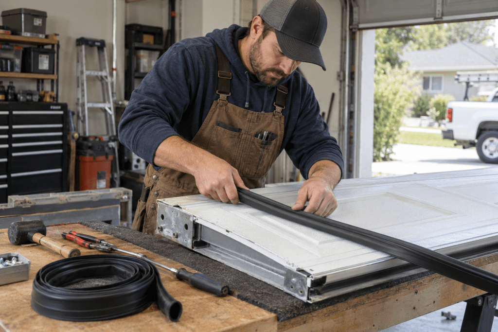 Technician replacing a garage door bottom weather seal