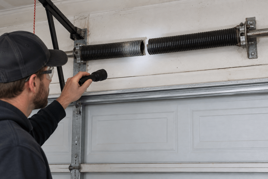 Technician inspecting a broken torsion spring with a flashlight