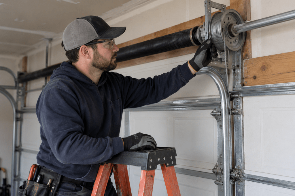 Technician checking the spring and cable drum