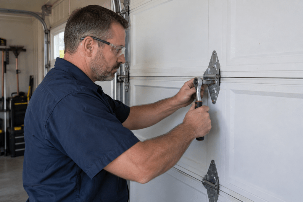 Technician inspecting a garage door hinge
