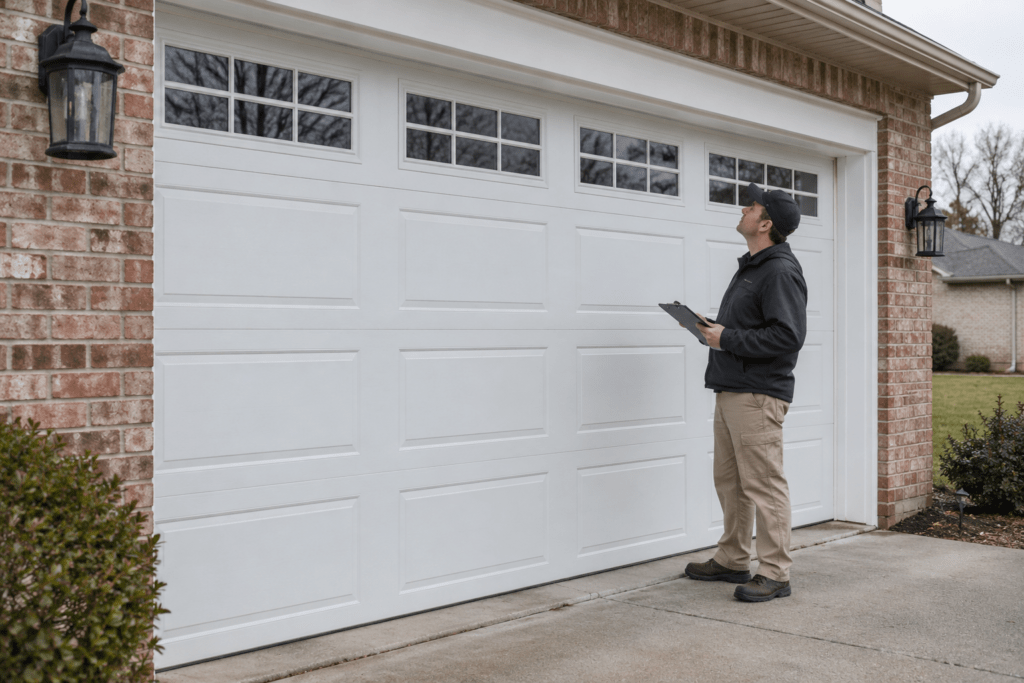 Technician beside a closed garage door