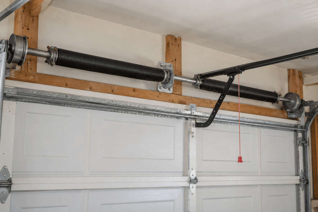 Torsion spring system above a closed garage door