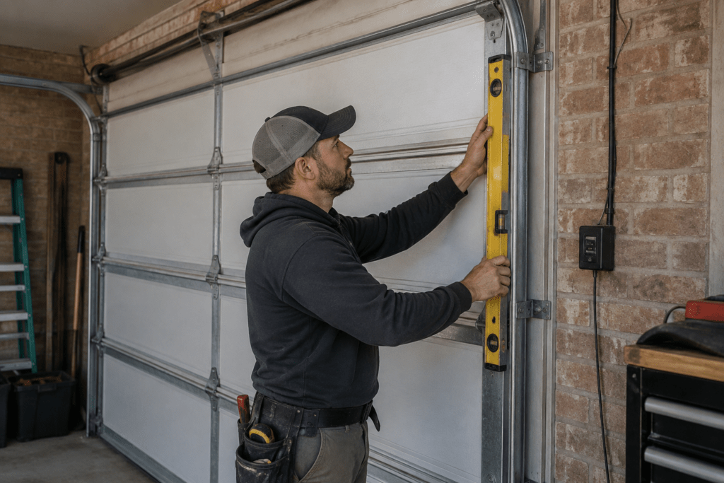 Technician checking garage door track alignment with a level
