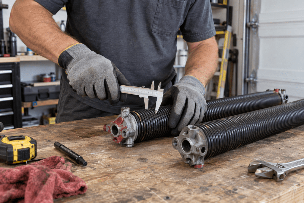 Technician measuring a torsion spring on a workbench