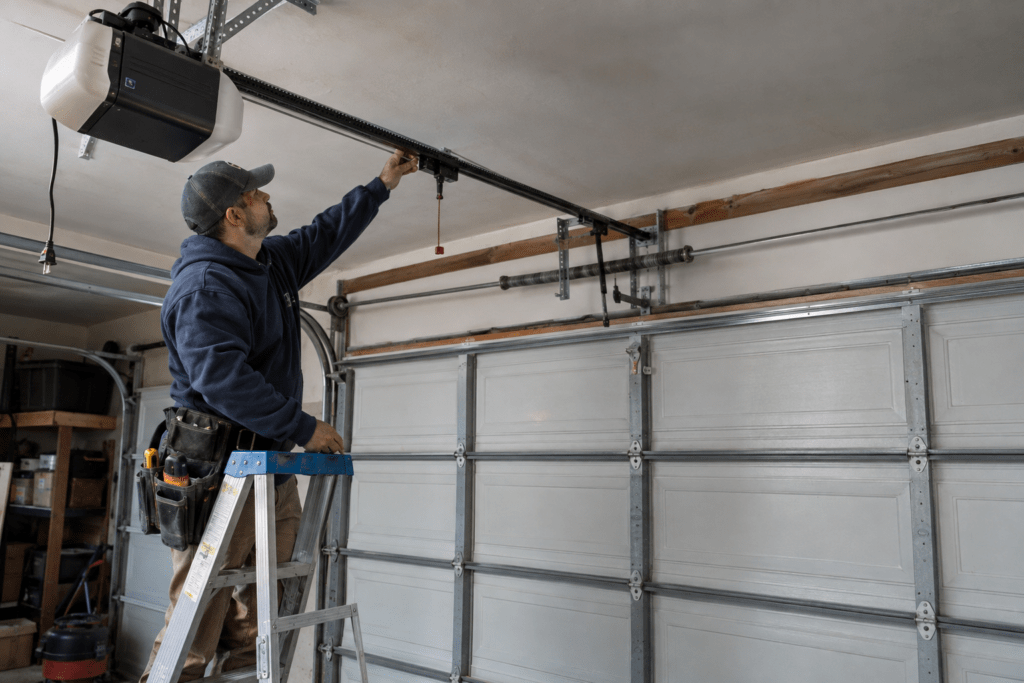 Technician inspecting a garage door opener drive rail from a ladder