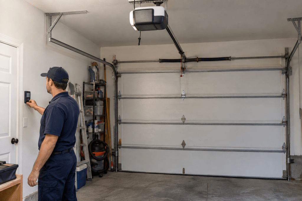 Technician testing a wall-mounted opener control beside a closed garage door