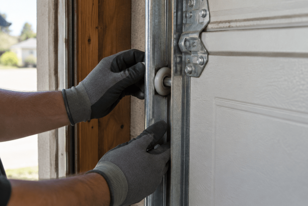 Close view of gloved hands inspecting a garage door roller and track