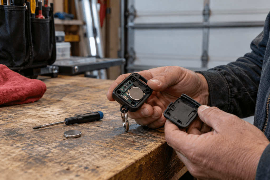 Garage door remote control and replacement battery on a workbench