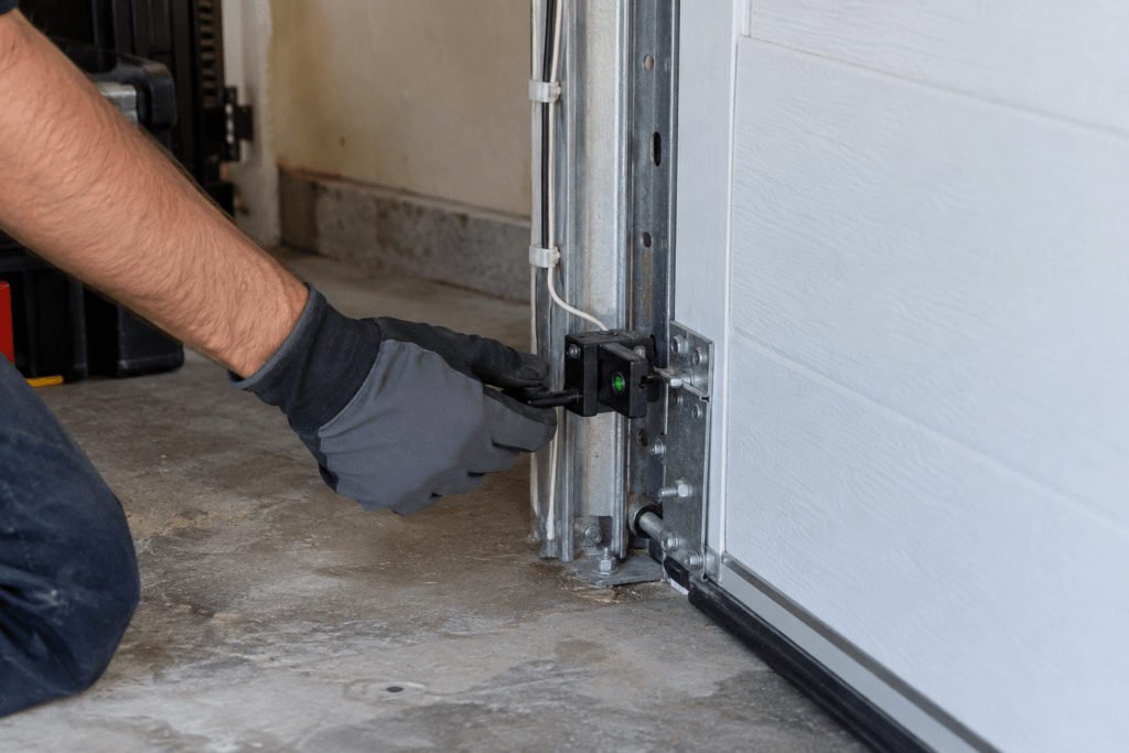 Gloved hand adjusting a garage door safety sensor near the floor