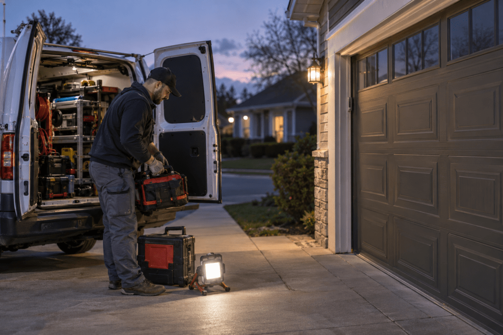 Technician unloading tools and a work light from a service van at dusk