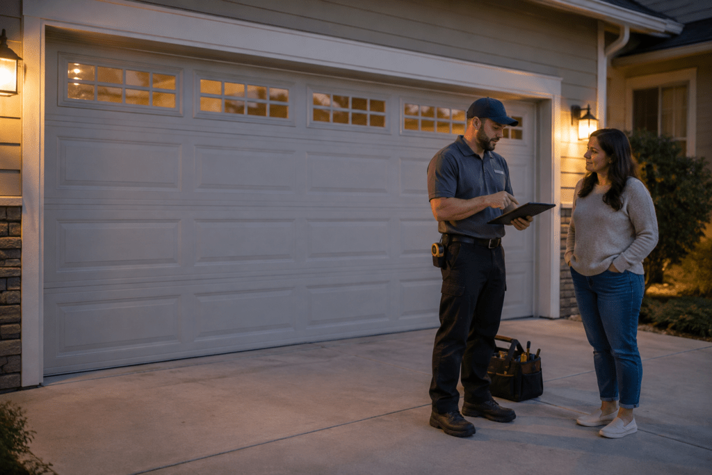 Technician discussing a garage door inspection with a homeowner in the evening