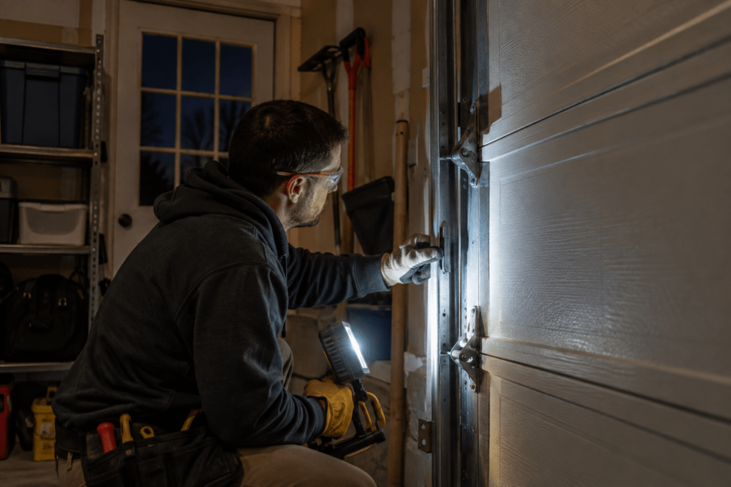 Technician inspecting a garage door track using a portable work light
