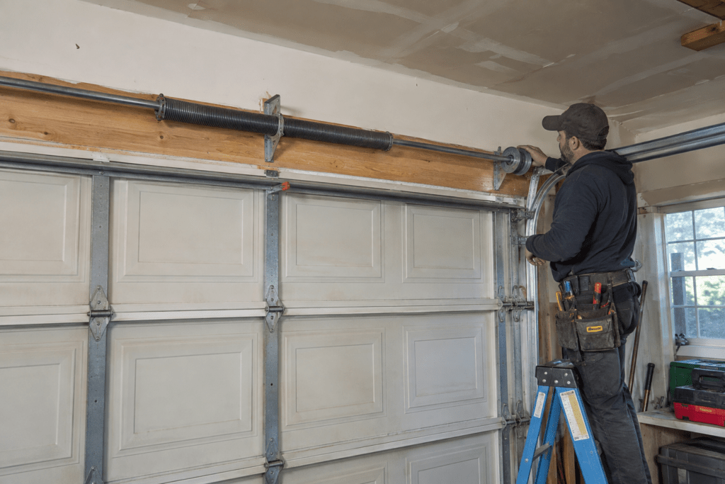 Technician checking a torsion spring and cable drum from a ladder