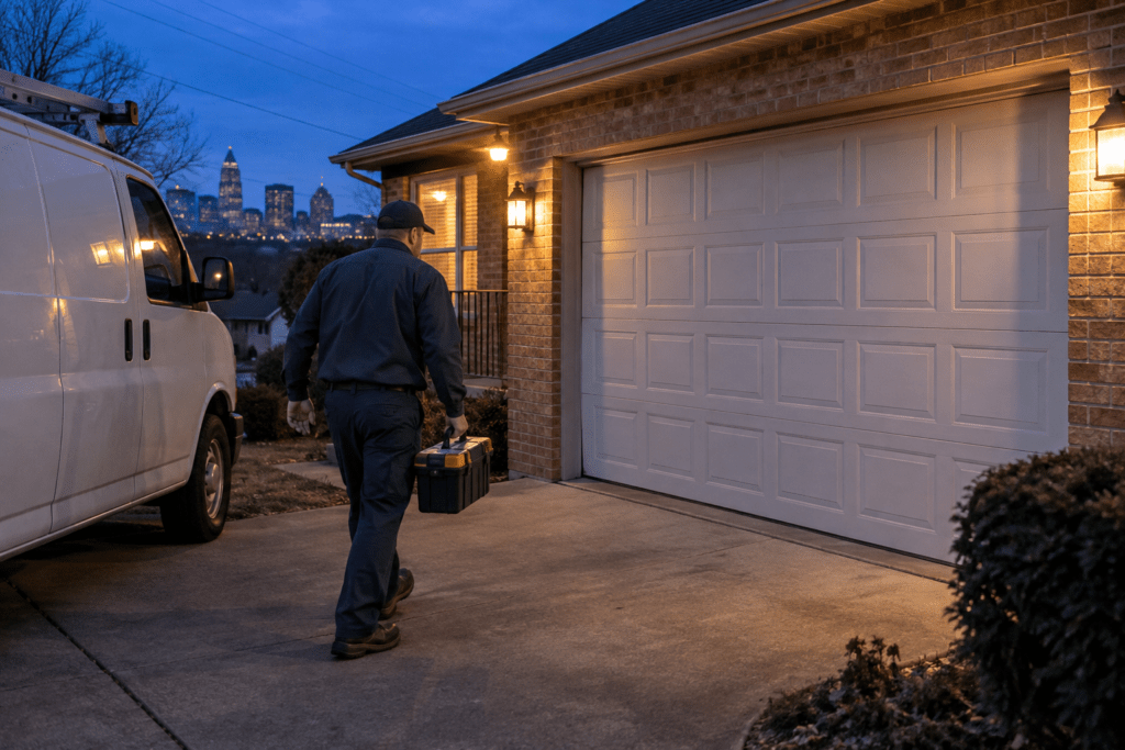 Technician arriving at a brick home with a toolbox at dusk
