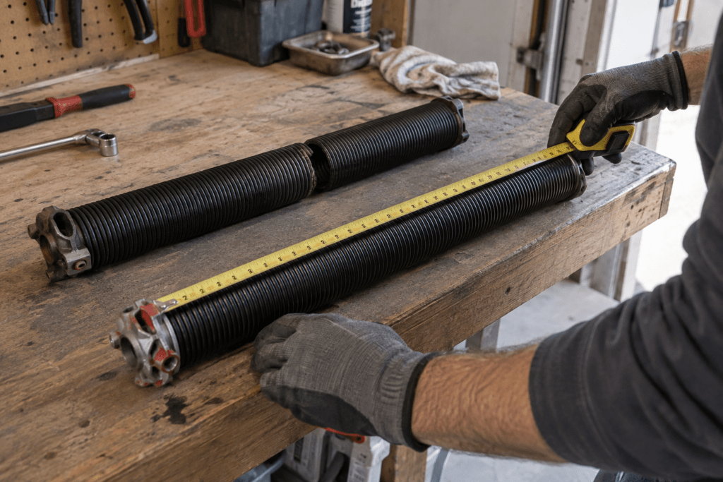 Old and replacement torsion springs with a tape measure on a workbench