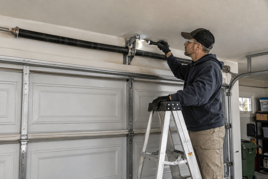 Technician inspecting the center bearing bracket above a closed garage door