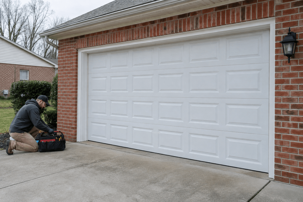 Technician beside a closed garage door