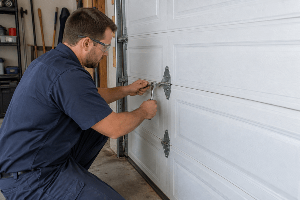 Technician inspecting hinge hardware on a closed garage door