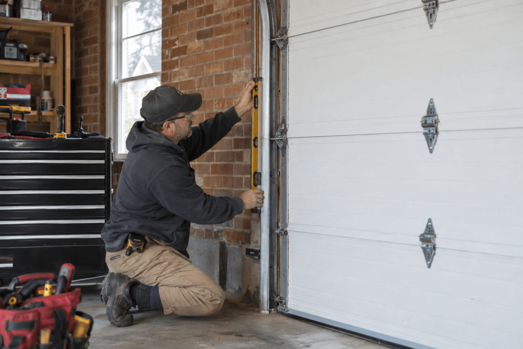 Technician checking garage door track alignment