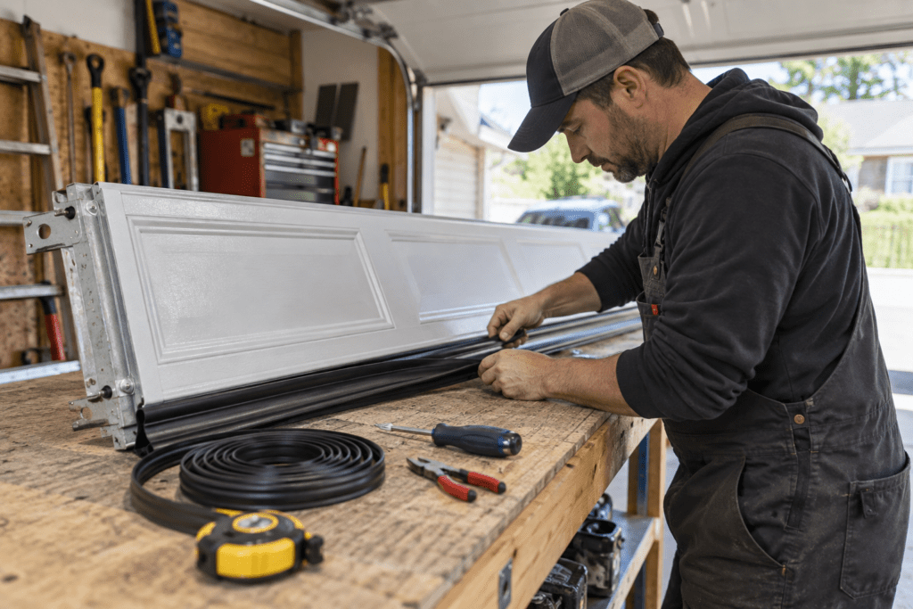 Technician replacing a garage door bottom weather seal